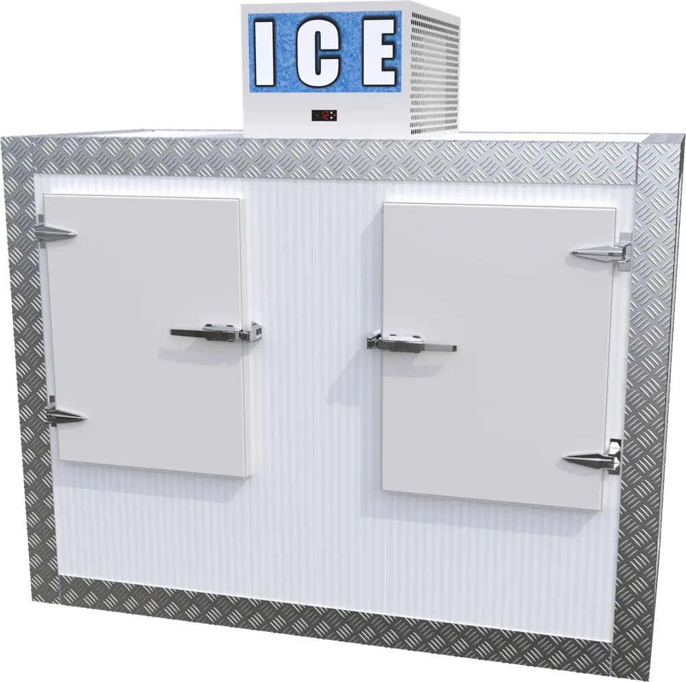 Large 3024L commercial ice storage box with ICE signage and twin solid doors
